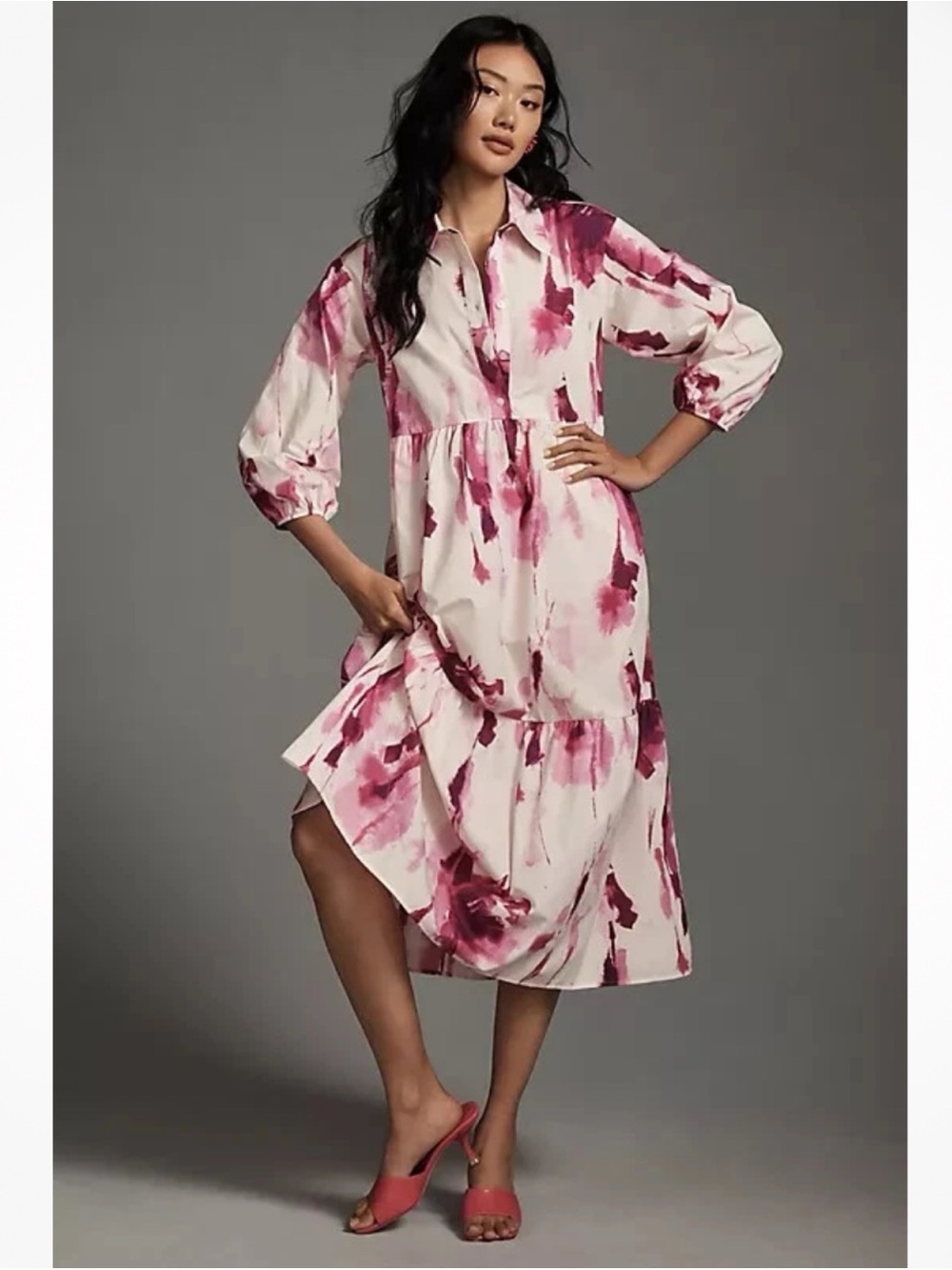 Anthropologie Maeve Bettina Tiered Midi Shirt Dress Pink Watercolor Small NWT